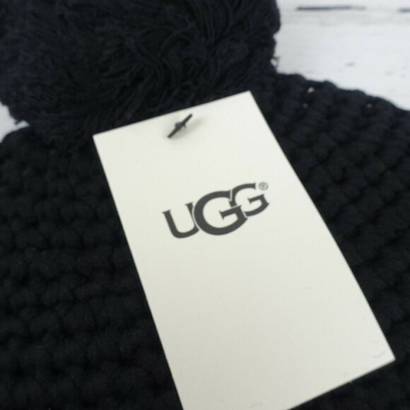 New UGG Pom Pom Knit Beanie Women's Men's Unisex Wool-Blend Logo OS Black - Picture 6 of 11